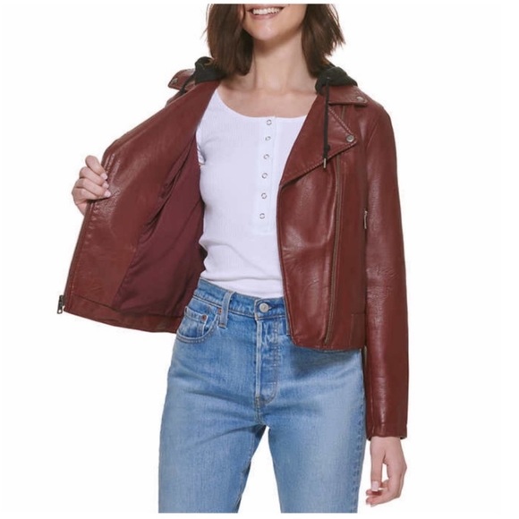NWT Levi's Ladies Faux Leather Moto Hooded Jacket RED - size XXL - Picture 3 of 5